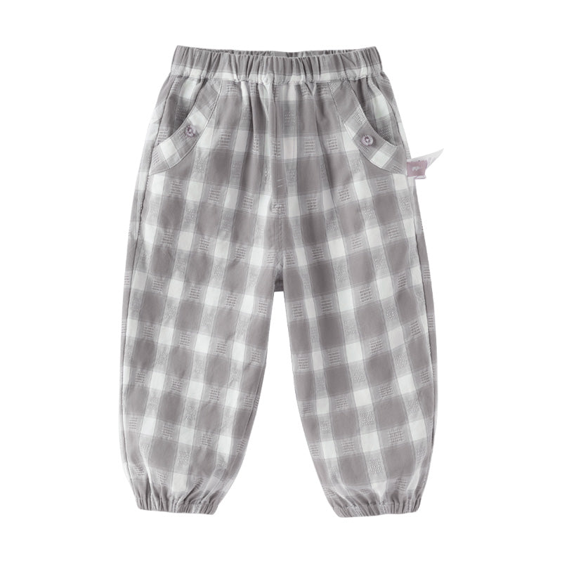 Dave&Bella Toddler Boys Summer Casual Grey White Plaid Breathable Cotton Loose Pants