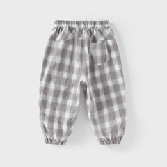 Dave&Bella Toddler Boys Summer Casual Grey White Plaid Breathable Cotton Loose Pants