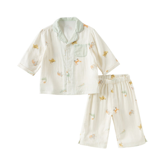 Dave&Bella Kids boys Summer Playful Animal Print Beige Soft Long-sleeved Pajamas