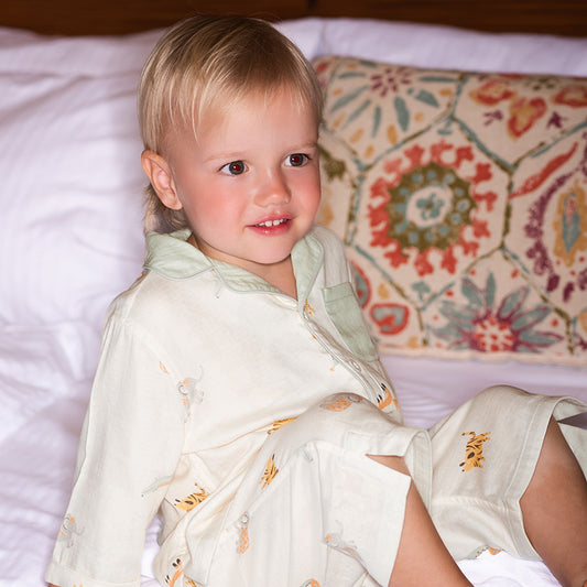 Dave&Bella Kids boys Summer Playful Animal Print Beige Soft Long-sleeved Pajamas