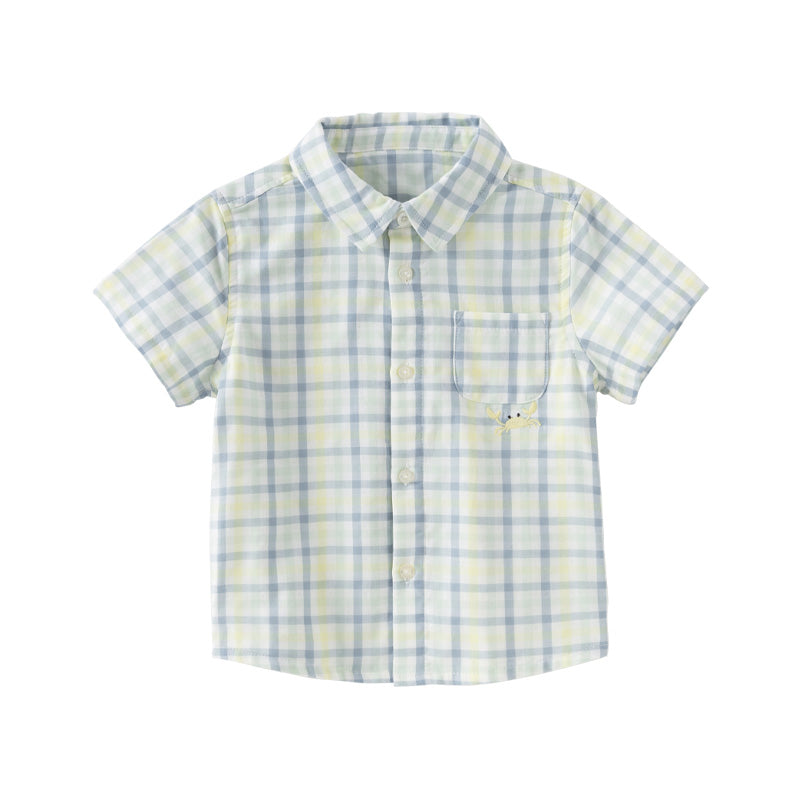 Dave&Bella Toddler Boys Summer Formal Blue Green Plaid College-style Cotton Shirt Tops