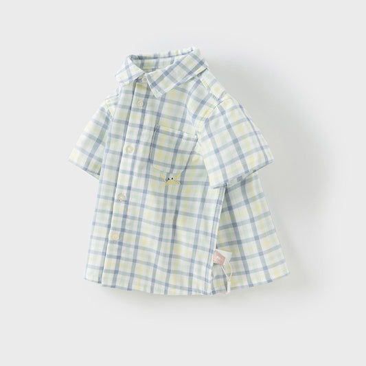 Dave&Bella Toddler Boys Summer Formal Blue Green Plaid College-style Cotton Shirt Tops