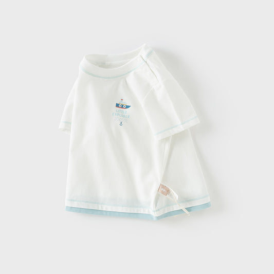 Dave&Bella Toddler Boys Summer White/Dark Blue Casual T-shirt Tops