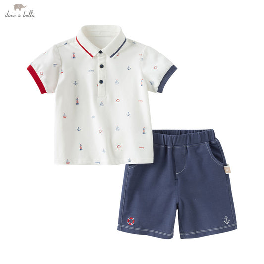 Dave&Bella Boys Summer Formal Cotton Polo T-shirt Navy Blue Short Pant Set