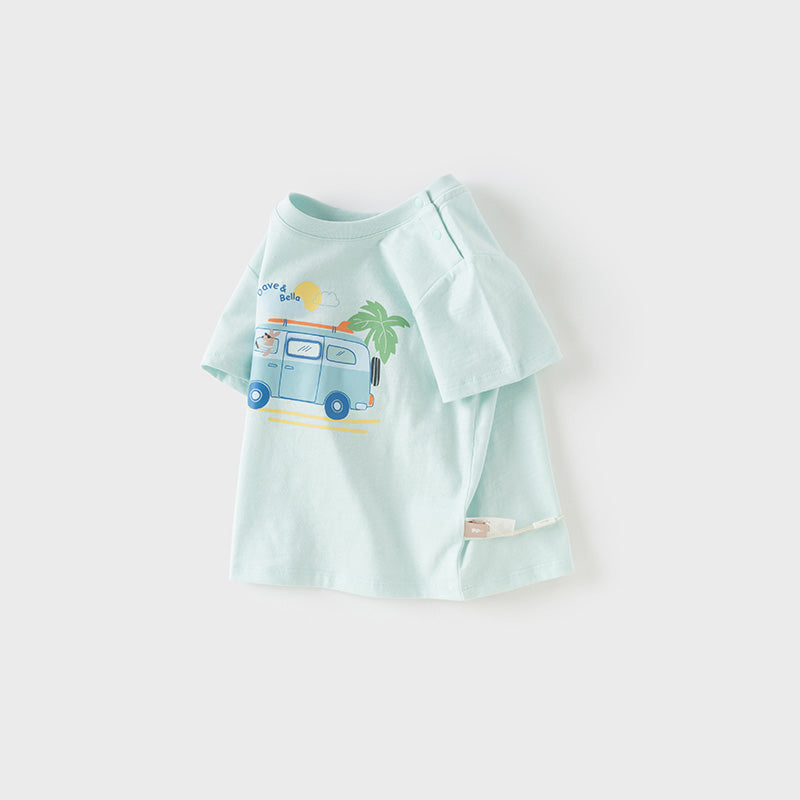 Dave&Bella Toddler Boys Summer Cute Car Print Blue Breathable Cotton T-shirts