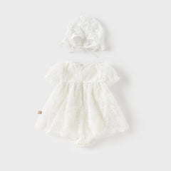 Dave&Bella Baby Girls Summer Beige Cotton Mesh Jumpsuit Romper
