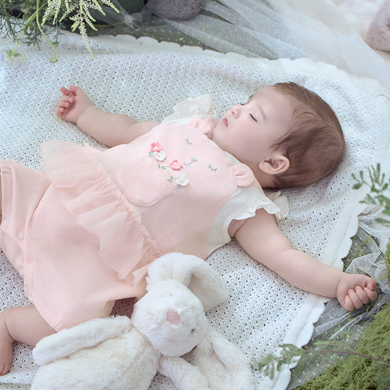 Dave&Bella Baby Girls Summer Sweet Pink Flower Embroidery Soft Indoor Rompers