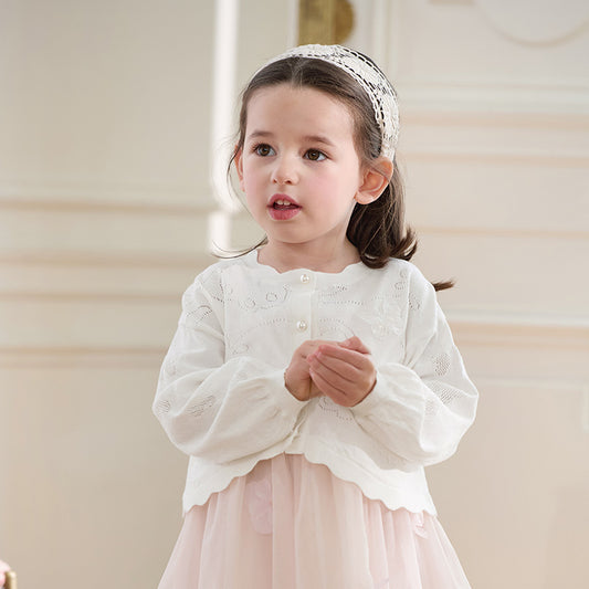 Dave&Bella Kids Girls Pearl White Breathable Cotton Long Sleeve Cardigans