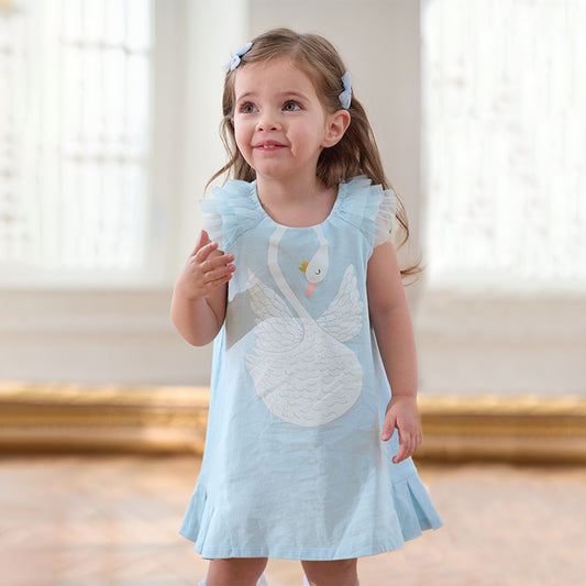Dave&Bella Girls Summer Leisure Cotton Swan Print Light Blue Mesh Sleeve Dress