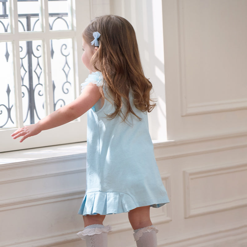 Dave&Bella Girls Summer Leisure Cotton Swan Print Light Blue Mesh Sleeve Dress