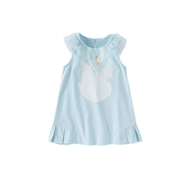Dave&Bella Girls Summer Leisure Cotton Swan Print Light Blue Mesh Sleeve Dress