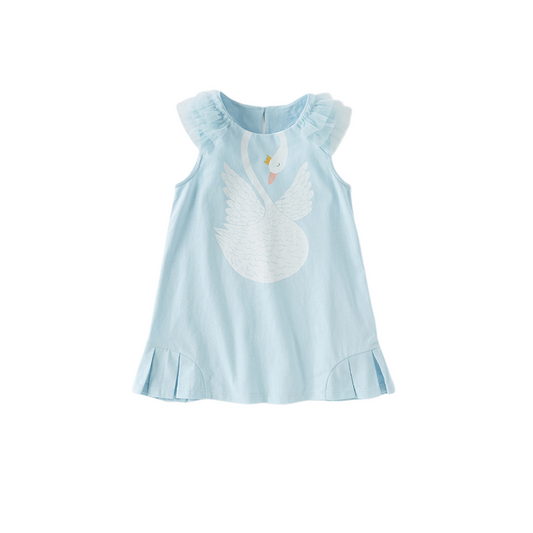 Dave&Bella Girls Summer Leisure Cotton Swan Print Light Blue Mesh Sleeve Dress