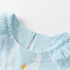 Dave&Bella Girls Summer Leisure Cotton Swan Print Light Blue Mesh Sleeve Dress