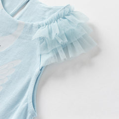 Dave&Bella Girls Summer Leisure Cotton Swan Print Light Blue Mesh Sleeve Dress