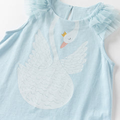 Dave&Bella Girls Summer Leisure Cotton Swan Print Light Blue Mesh Sleeve Dress