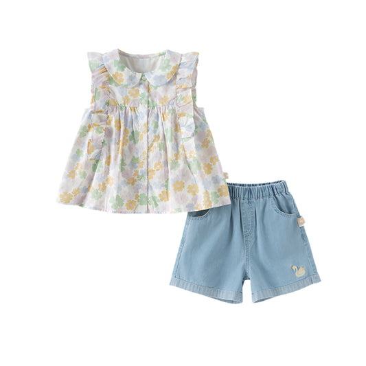 Dave&Bella Girls Summer Cotton Floral Top Jeans Short Pant Set
