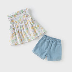 Dave&Bella Girls Summer Cotton Floral Top Jeans Short Pant Set