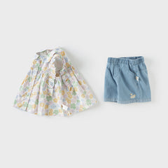 Dave&Bella Girls Summer Cotton Floral Top Jeans Short Pant Set