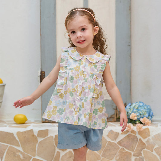 Dave&Bella Girls Summer Cotton Floral Top Jeans Short Pant Set