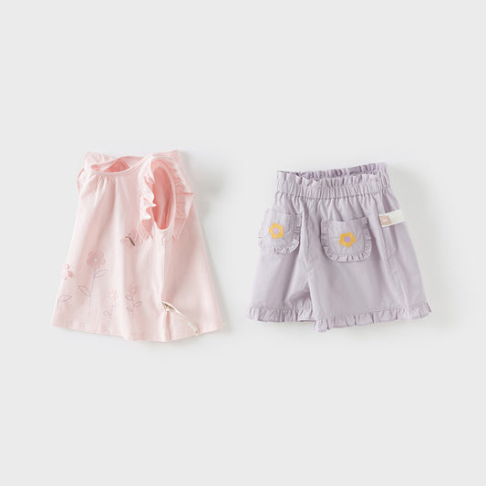 Dave&Bella Girls Summer Pure Cotton Pink Sleeveless T-shirt Top Lace Pant Set