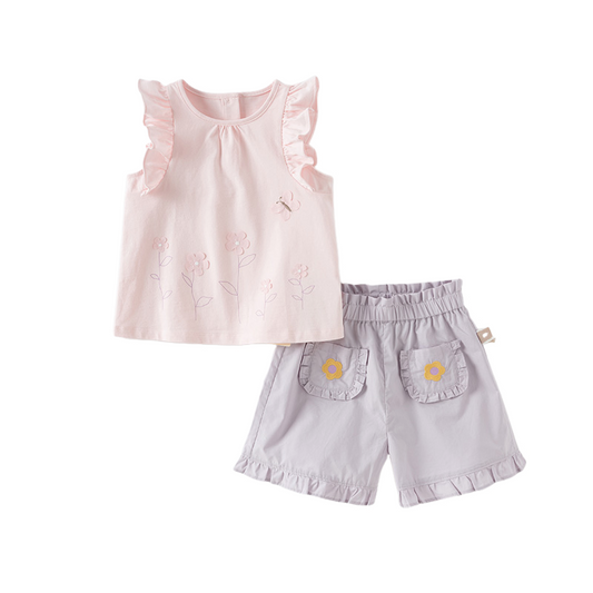 Dave&Bella Girls Summer Pure Cotton Pink Sleeveless T-shirt Top Lace Pant Set