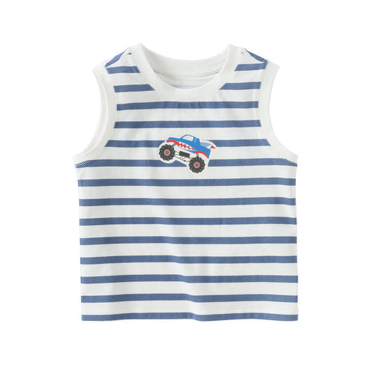 Dave&Bella Toddler Boys Summer Versatile Striped/Car Print Pure Cotton Tank Tops