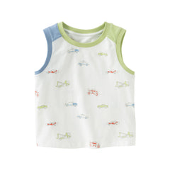 Dave&Bella Toddler Boys Summer Versatile Striped/Car Print Pure Cotton Tank Tops