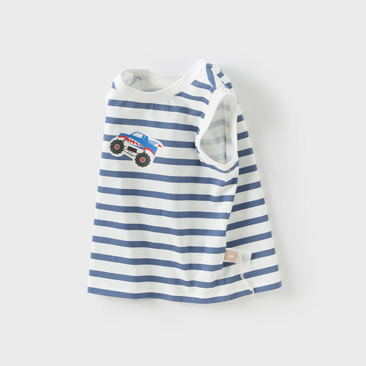 Dave&Bella Toddler Boys Summer Versatile Striped/Car Print Pure Cotton Tank Tops