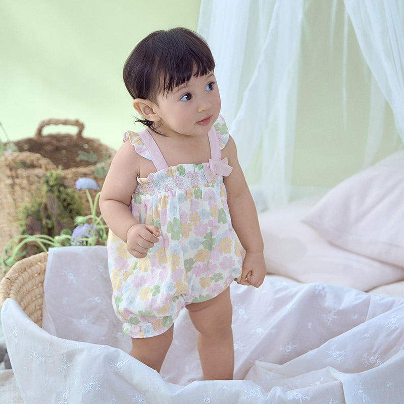 Dave&Bella Baby Girls Summer Floral Print Indoor Sleeveless Spaghetti-strap Rompers