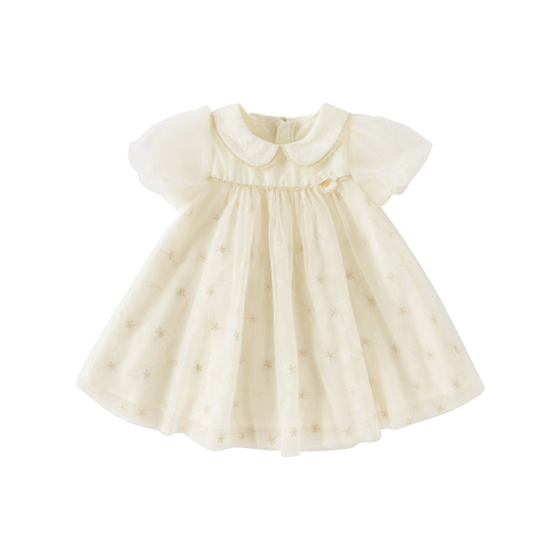 Dave&Bella Toddler Girls Summer Bubble Sleeve Beige Mesh Dress