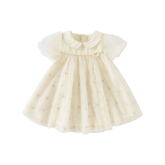 Dave&Bella Toddler Girls Summer Bubble Sleeve Beige Mesh Dress