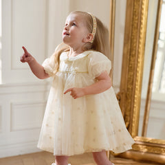 Dave&Bella Toddler Girls Summer Bubble Sleeve Beige Mesh Dress