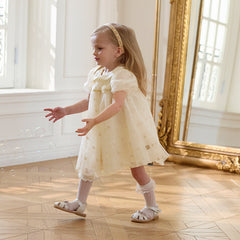 Dave&Bella Toddler Girls Summer Bubble Sleeve Beige Mesh Dress