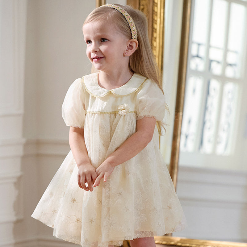 Dave&Bella Toddler Girls Summer Bubble Sleeve Beige Mesh Dress