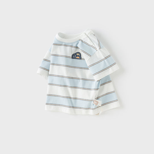 Dave&Bella Toddler Boys Summer Stylish Blue White Striped Cotton Comfortable T-shirts
