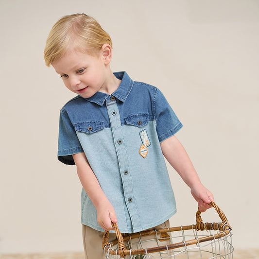 Dave&Bella Boys Summer Cool Denim Blue Color Block Shirt Top