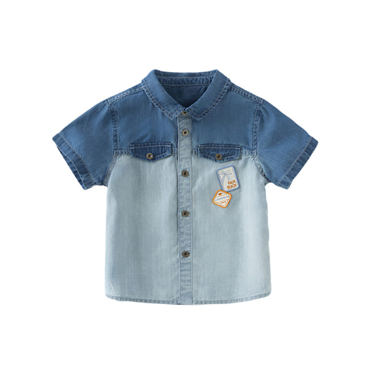 Dave&Bella Boys Summer Cool Denim Blue Color Block Shirt Top