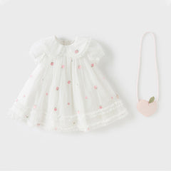 Dave&Bella Toddler Girls Summer Beige Bubble Sleeve Mesh Birthday Dress (wallet bag)