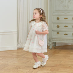 Dave&Bella Toddler Girls Summer Beige Bubble Sleeve Mesh Birthday Dress (wallet bag)