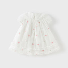 Dave&Bella Toddler Girls Summer Beige Bubble Sleeve Mesh Birthday Dress (wallet bag)