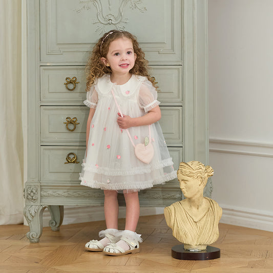 Dave&Bella Toddler Girls Summer Beige Bubble Sleeve Mesh Birthday Dress (wallet bag)