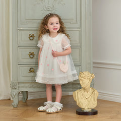 Dave&Bella Toddler Girls Summer Beige Bubble Sleeve Mesh Birthday Dress (wallet bag)