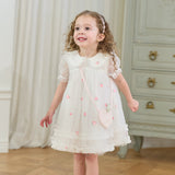 Dave&Bella Toddler Girls Summer Beige Bubble Sleeve Mesh Birthday Dress (wallet bag)