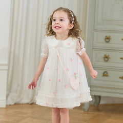 Dave&Bella Toddler Girls Summer Beige Bubble Sleeve Mesh Birthday Dress (wallet bag)