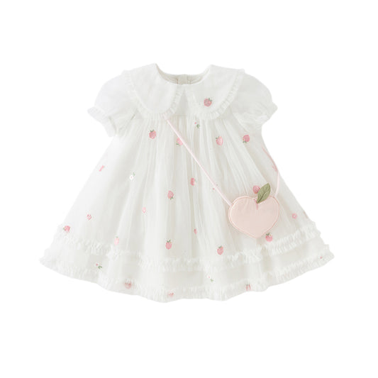 Dave&Bella Toddler Girls Summer Beige Bubble Sleeve Mesh Birthday Dress (wallet bag)