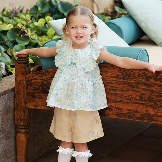 Dave&Bella Girls Summer Cotton Leaf Print Flutter Sleeve T-shirt Short Pant Set