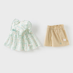 Dave&Bella Girls Summer Cotton Leaf Print Flutter Sleeve T-shirt Short Pant Set