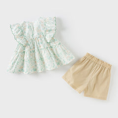 Dave&Bella Girls Summer Cotton Leaf Print Flutter Sleeve T-shirt Short Pant Set