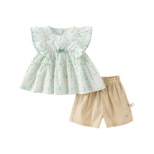 Dave&Bella Girls Summer Cotton Leaf Print Flutter Sleeve T-shirt Short Pant Set