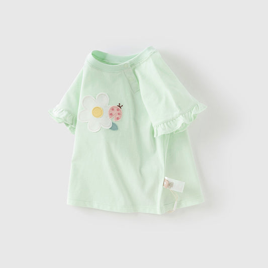 Dave&Bella Toddler Girls Summer Sweet Green/Pink Flower Soft Cotton T-shirt Tops